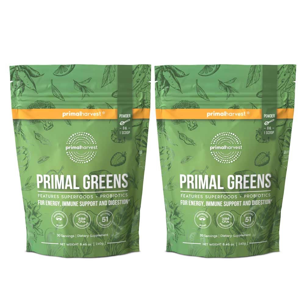 Primal Harvest Super Greens Powder, 30 Servings w/+50 Greens Superfood Chlorella, Probiotics, Green Tea, Wheatgrass, Kale, Turmeric for Energy,Primal Greens