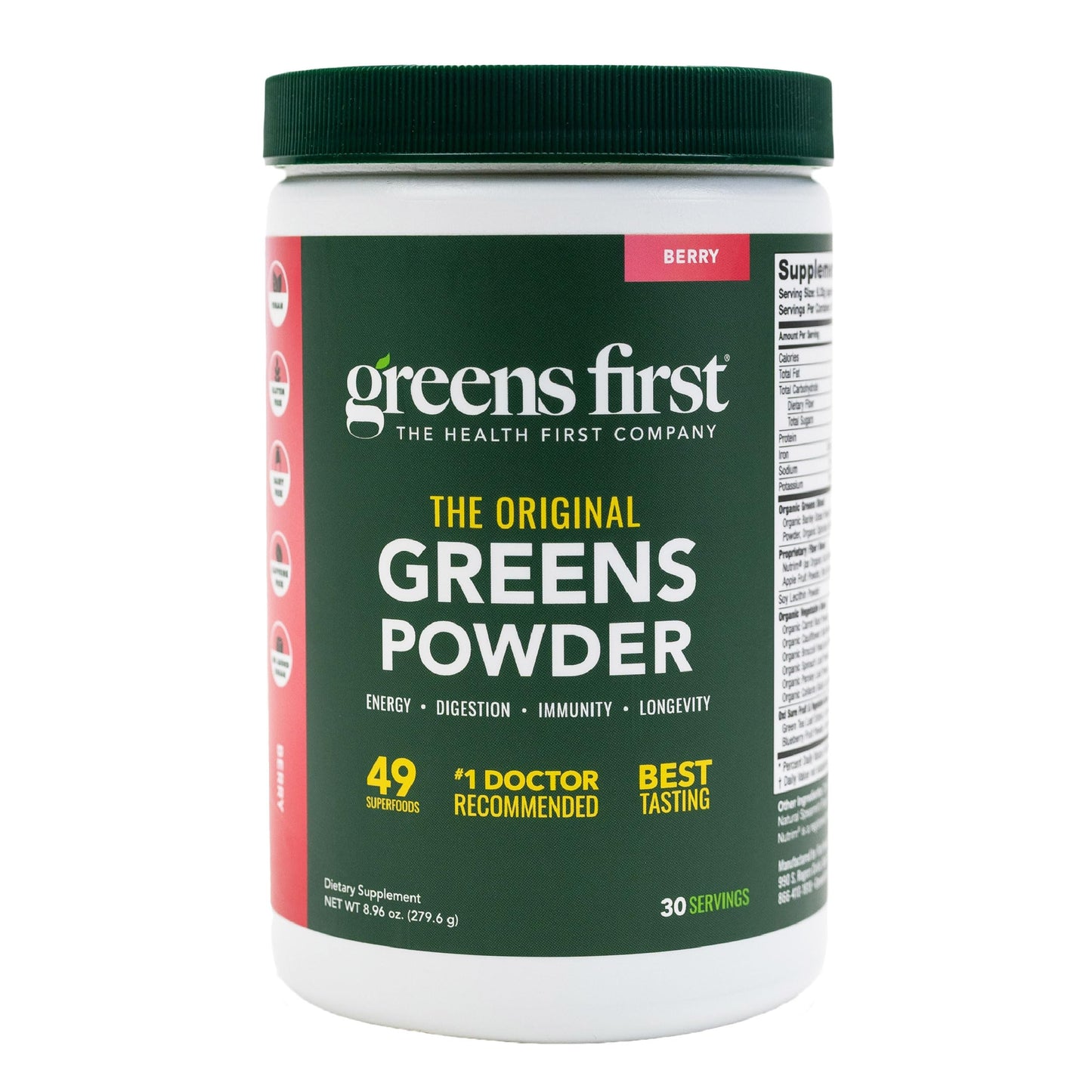 Greens First Original Greens Powder - 49 Superfoods - Organic Fruits & Veggies - Prebiotics, Probiotics & Digestive Enzymes - Antioxidant Smoothie - Dairy Free, Vegan & Non-GMO (Berry, 60 Servings)