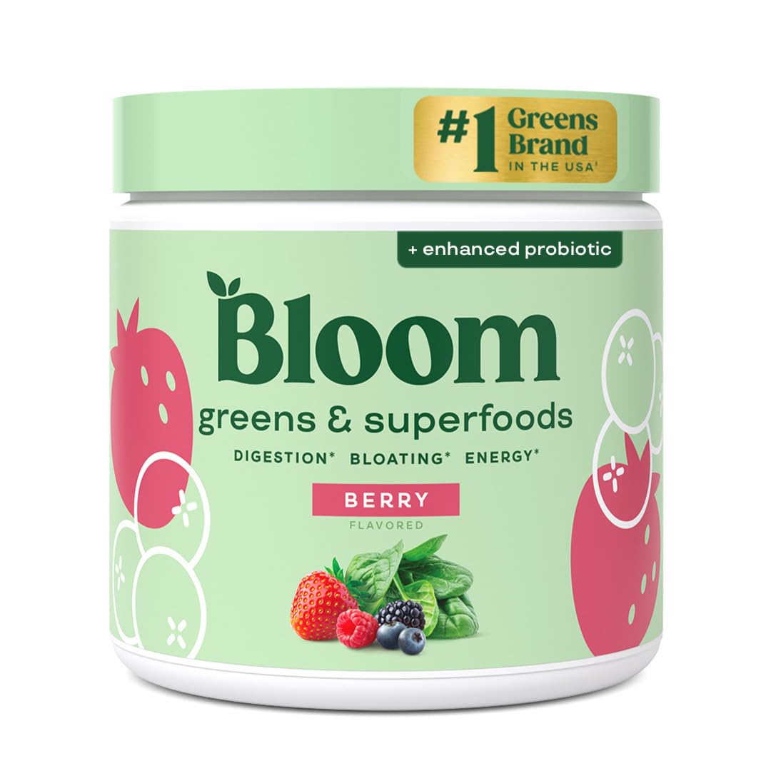 Bloom Nutrition Greens and Superfoods Powder for Digestive Health, Greens Powder, Digestive Enzymes, Probiotics, Spirulina, Chlorella for Bloating & Gut Support, Green Juice, 30 SVG, Strawberry Kiwi