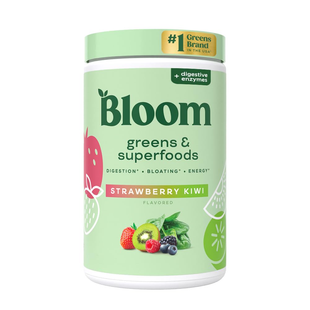 Bloom Nutrition Greens and Superfoods Powder for Digestive Health, Greens Powder, Digestive Enzymes, Probiotics, Spirulina, Chlorella for Bloating & Gut Support, Green Juice, 30 SVG, Strawberry Kiwi