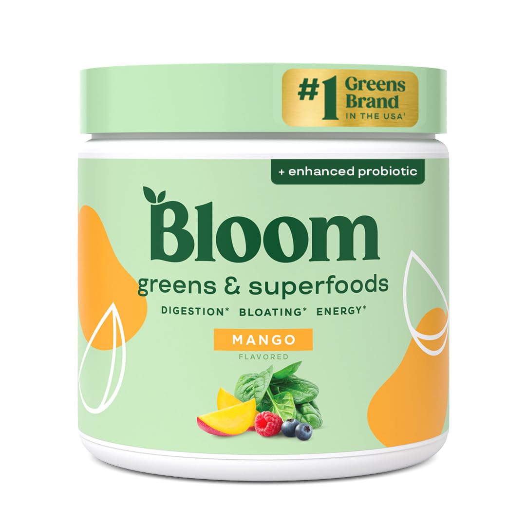 Bloom Nutrition Greens and Superfoods Powder for Digestive Health, Greens Powder, Digestive Enzymes, Probiotics, Spirulina, Chlorella for Bloating & Gut Support, Green Juice, 30 SVG, Strawberry Kiwi