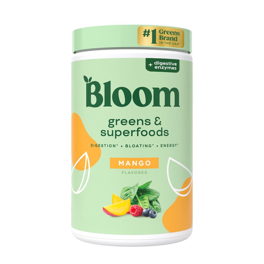 Bloom Nutrition Greens and Superfoods Powder for Digestive Health, Greens Powder, Digestive Enzymes, Probiotics, Spirulina, Chlorella for Bloating & Gut Support, Green Juice, 30 SVG, Strawberry Kiwi
