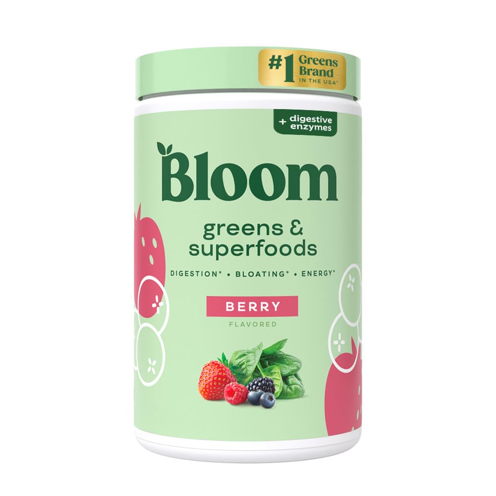 Bloom Nutrition Greens and Superfoods Powder for Digestive Health, Greens Powder, Digestive Enzymes, Probiotics, Spirulina, Chlorella for Bloating & Gut Support, Green Juice, 30 SVG, Strawberry Kiwi