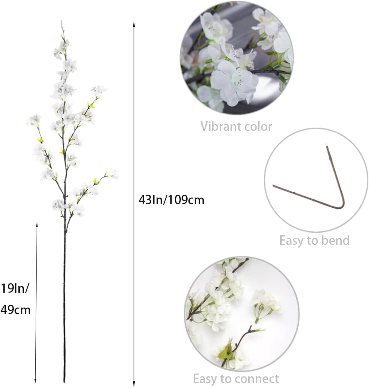 4Pcs Artificial Cherry Blossom Flowers 43 Inch Long Stem Cherry Blossom Decor Fake Flower for Home Wedding Outdoor Decoration (White)