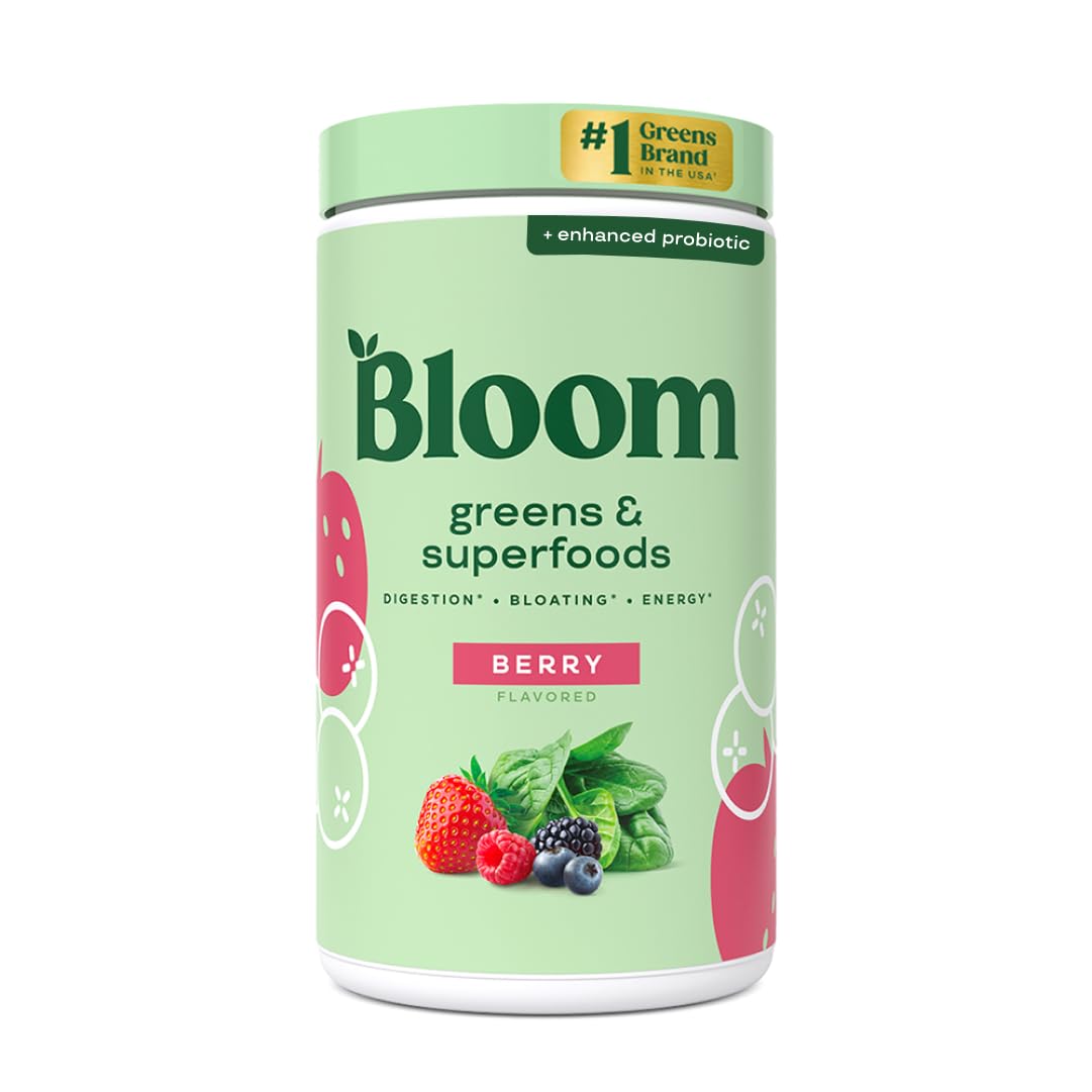 Bloom Nutrition Greens and Superfoods Powder for Digestive Health, Greens Powder, Digestive Enzymes, Probiotics, Spirulina, Chlorella for Bloating & Gut Support, Green Juice, 30 SVG, Strawberry Kiwi