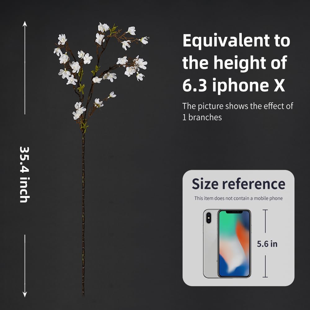 Melorca&Guilla Cherry Blossom Branches,3PCS 35" Artificial Silk Cherry Blossom Flowers, Faux Stems Vase Branches Artificial Plants for Shop Garden Office Home Décor (3, White Cherry Blossom)