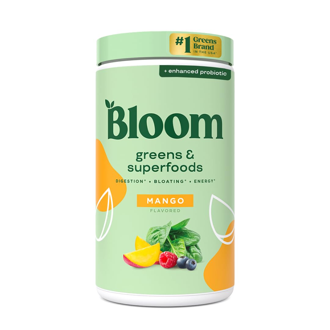 Bloom Nutrition Greens and Superfoods Powder for Digestive Health, Greens Powder, Digestive Enzymes, Probiotics, Spirulina, Chlorella for Bloating & Gut Support, Green Juice, 30 SVG, Strawberry Kiwi