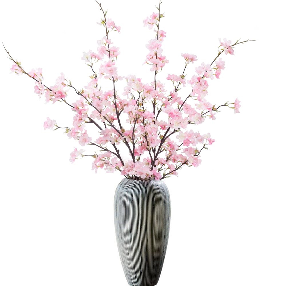 LESING 4pcs Artificial Cherry Blossom Stems,41.4" Realistic Fake Silk Long Stems Artificial Flower Branches for Floor Table Home Wedding Decoration (Light Pink -1)