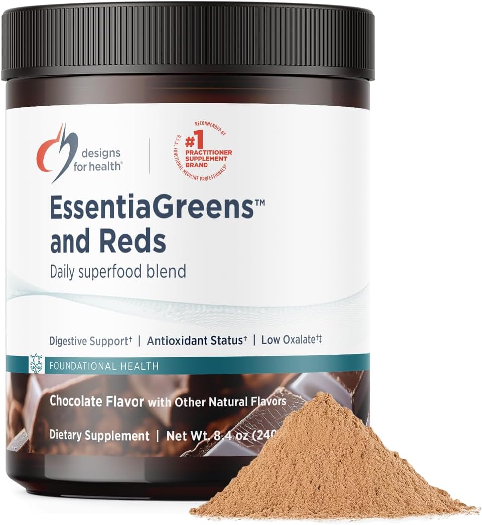 Designs for Health EssentiaGreens and Reds (Chocolate, 30 Servings), Vegan Superfood Powder with Spirulina, Kale & More, for Daily Nutrition and Digestive Health