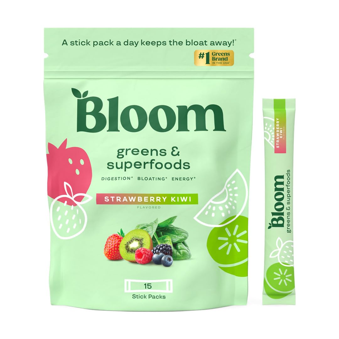 Bloom Nutrition Greens and Superfoods Powder for Digestive Health, Greens Powder, Digestive Enzymes, Probiotics, Spirulina, Chlorella for Bloating & Gut Support, Green Juice, 30 SVG, Strawberry Kiwi