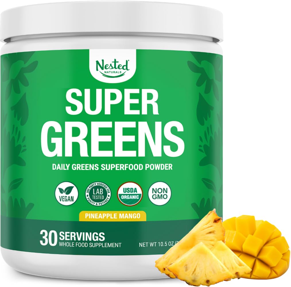 Nested Naturals Super Greens Daily Superfood Powder - Certified USDA Organic Green Powder w/20+ Whole Foods, Spirulina Powder, Wheat & Barley Grass - Probiotics, Fiber & Enzymes - Original Flavor, 60