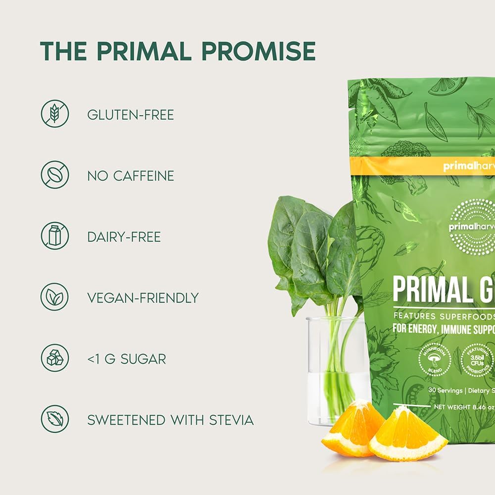 Primal Harvest Super Greens Powder, 30 Servings w/+50 Greens Superfood Chlorella, Probiotics, Green Tea, Wheatgrass, Kale, Turmeric for Energy,Primal Greens
