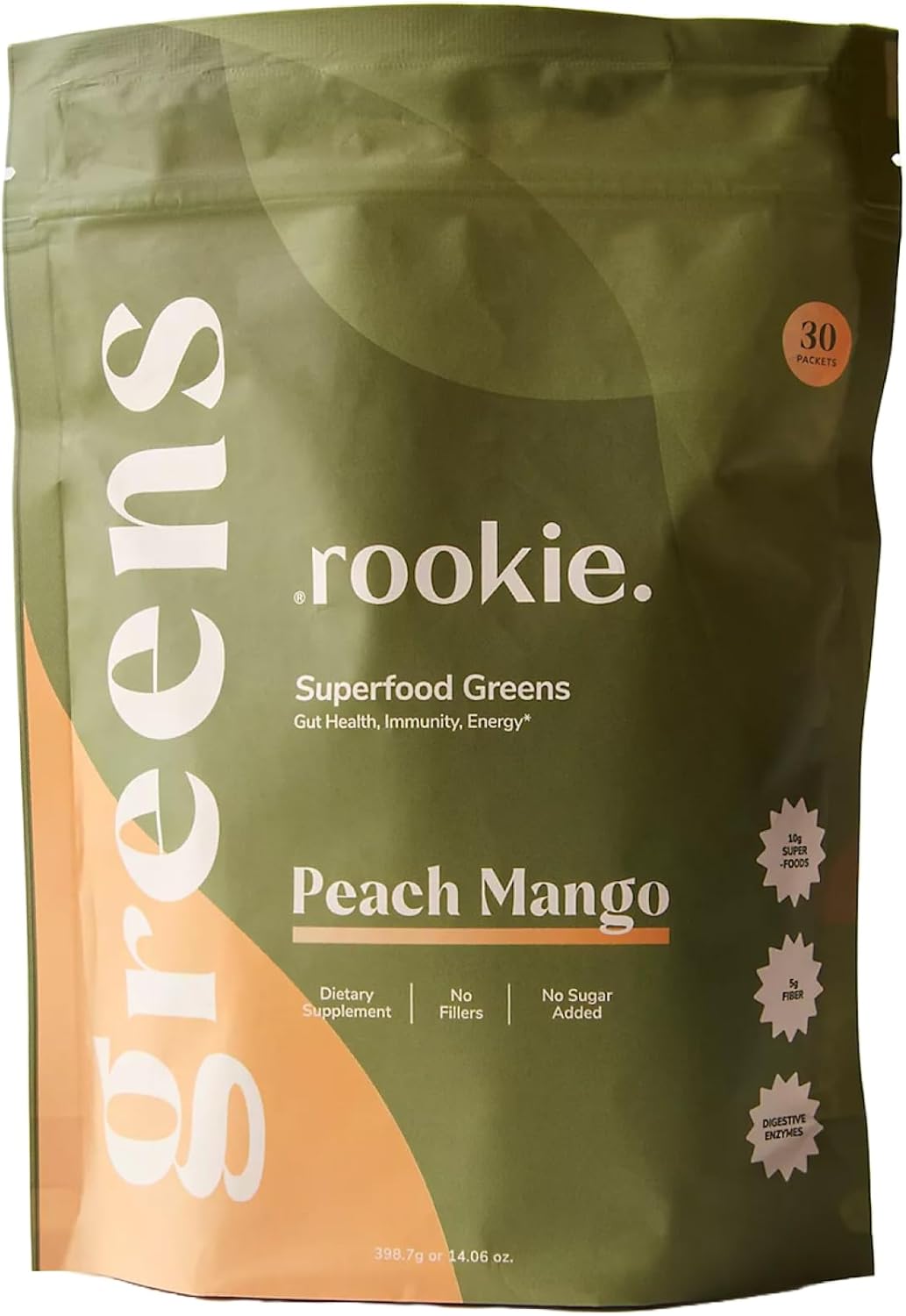 Rookie Wellness Greens + Superfoods - Greens Superfoods Powder Drink Made with Whole Food Sourced Ingredients Contains Vitamins, Probiotics, Antioxidants, and Baobab Fiber (30 Servings, Peach Mango)