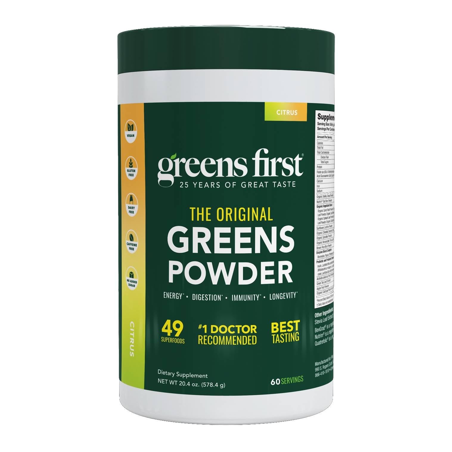 Greens First Original Greens Powder - 49 Superfoods - Organic Fruits & Veggies - Prebiotics, Probiotics & Digestive Enzymes - Antioxidant Smoothie - Dairy Free, Vegan & Non-GMO (Berry, 60 Servings)
