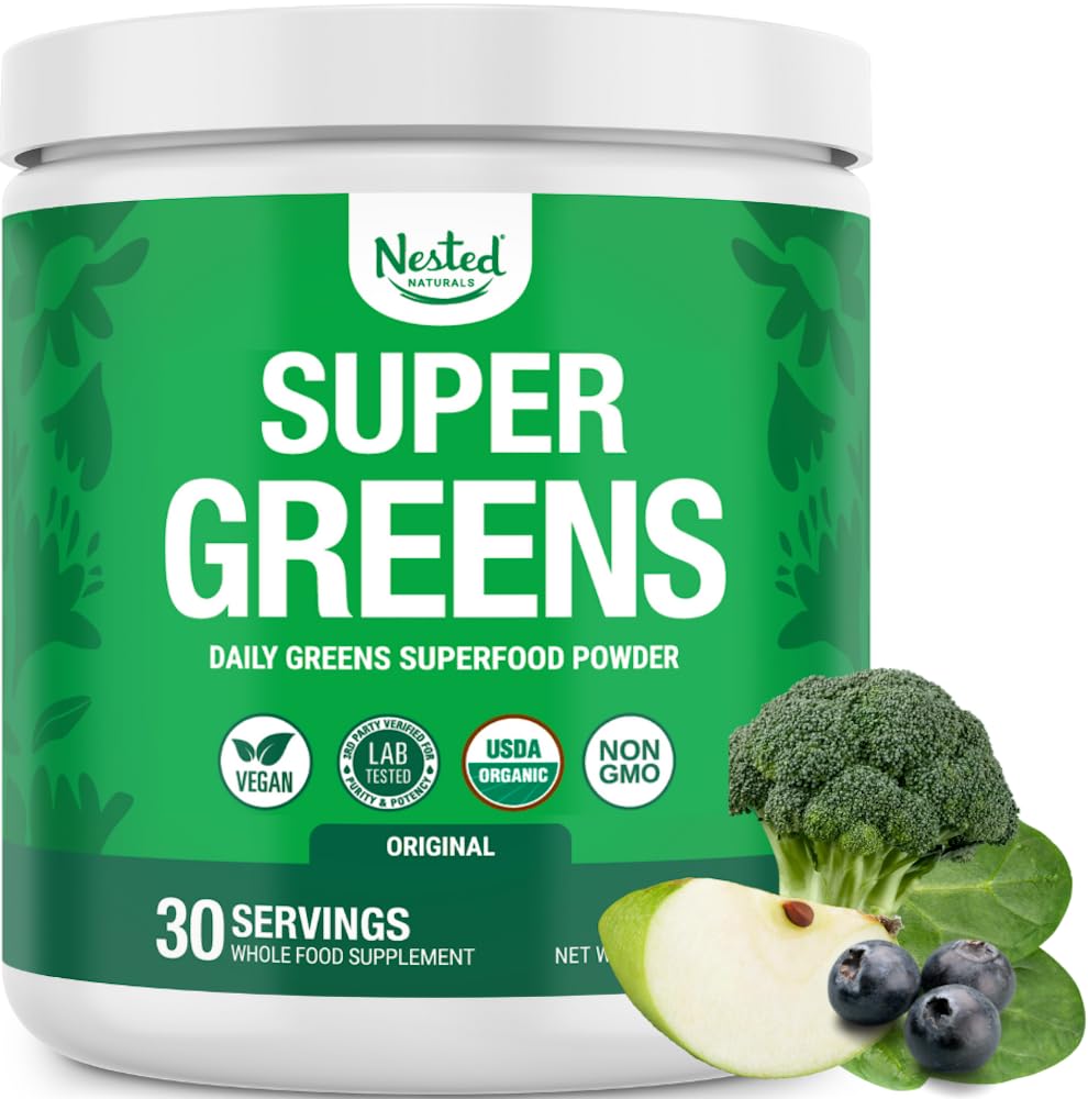 Nested Naturals Super Greens Daily Superfood Powder - Certified USDA Organic Green Powder w/20+ Whole Foods, Spirulina Powder, Wheat & Barley Grass - Probiotics, Fiber & Enzymes - Original Flavor, 60