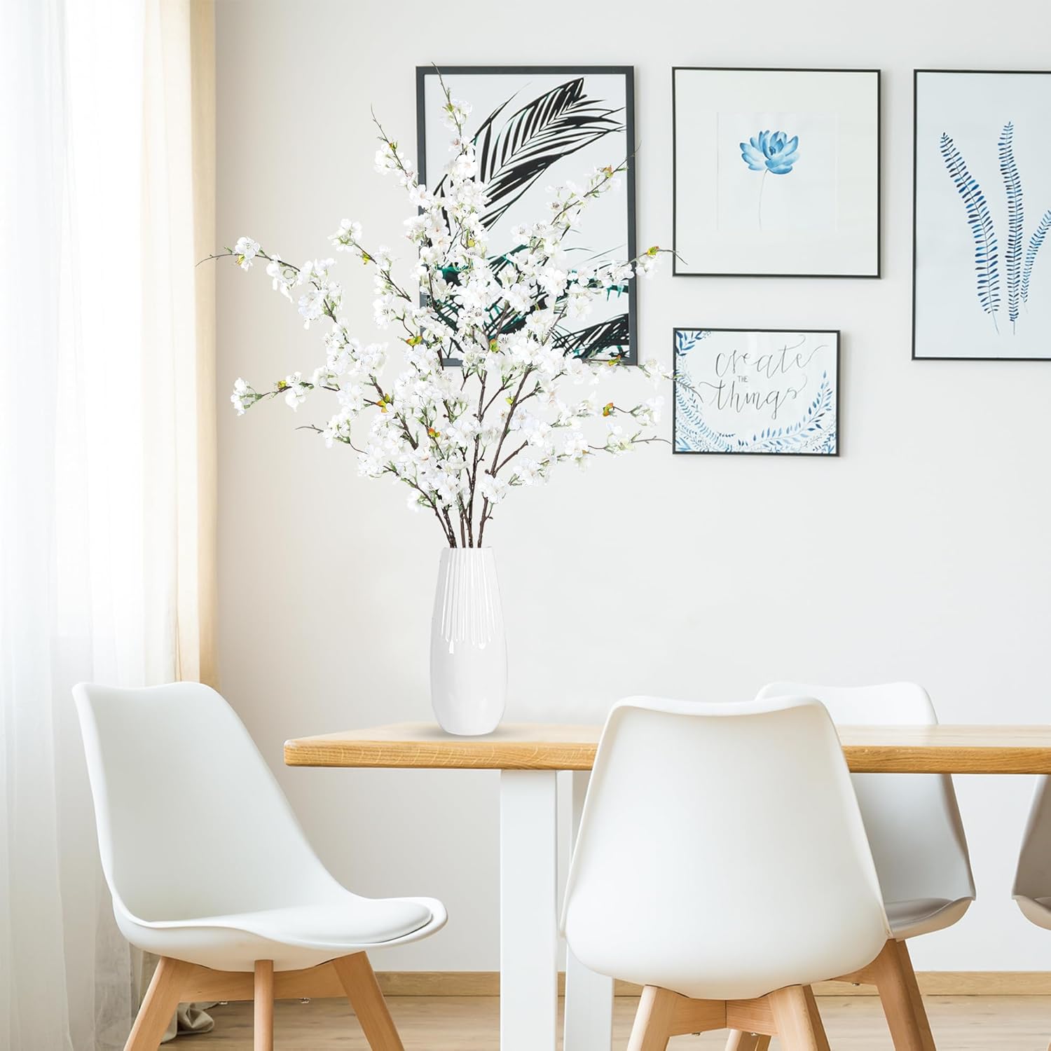 Sggvecsy Artificial Cherry Blossom Flowers 4 Pcs Faux Cherry Blossom Stems Faux Silk Cherry Blossom Branches 43’’ Fake Flowers Long Stems for Vase Arrangements Home Wedding Table Decor (White)