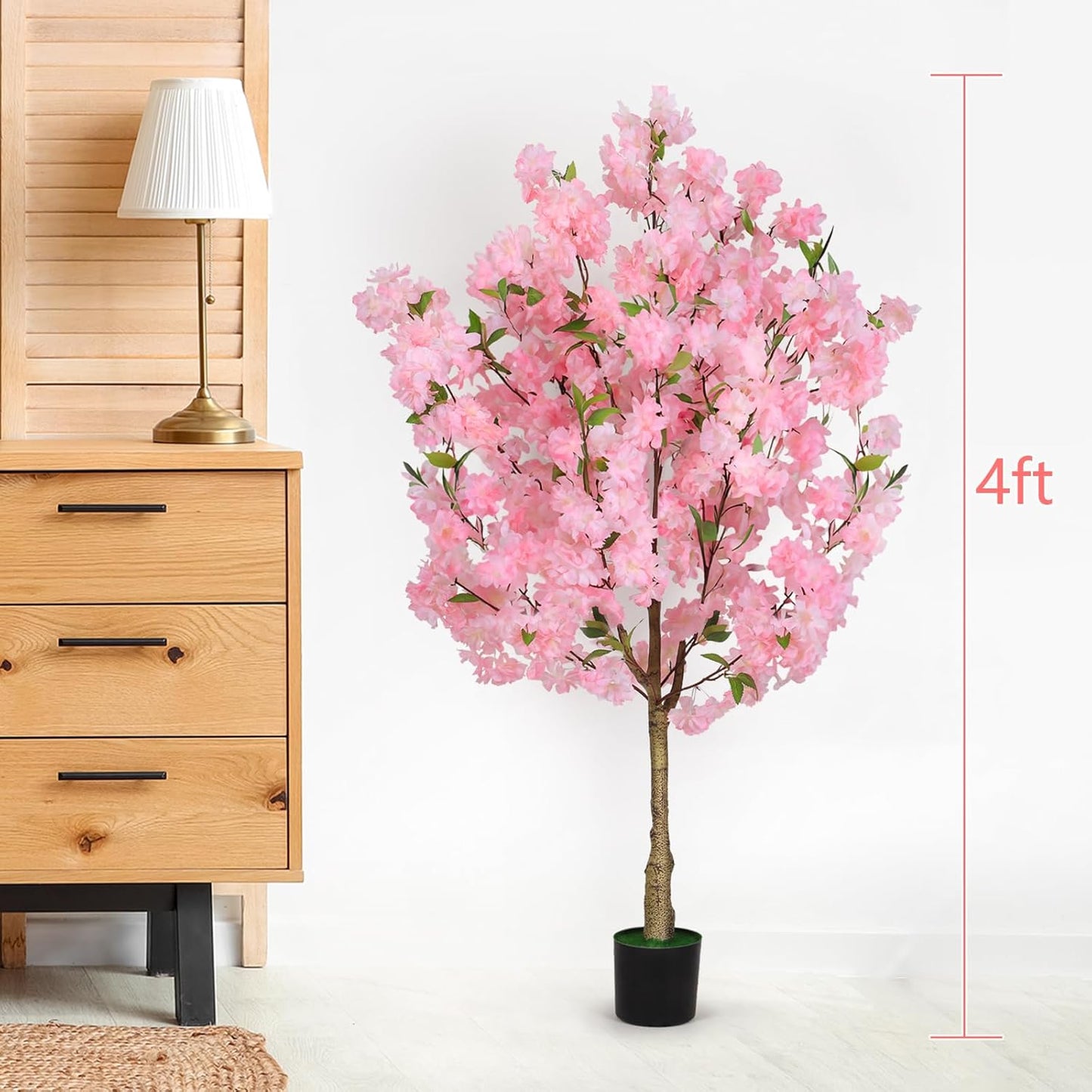 OUSHENG Artificial Cherry Blossom Tree, Fake Plants Indoor Decor, Faux Pink Sakura Flowers for Living Room Home House Entryway Bedroom Office Inside Decorations, 4FT