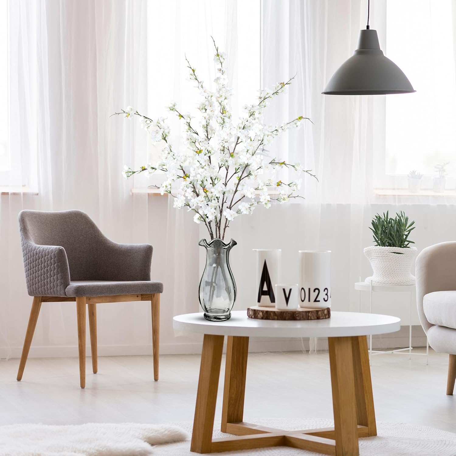 Sggvecsy Artificial Cherry Blossom Flowers 4 Pcs Faux Cherry Blossom Stems Faux Silk Cherry Blossom Branches 43’’ Fake Flowers Long Stems for Vase Arrangements Home Wedding Table Decor (White)