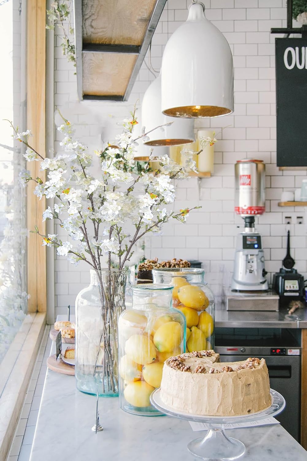 4Pcs Artificial Cherry Blossom Flowers 43 Inch Long Stem Cherry Blossom Decor Fake Flower for Home Wedding Outdoor Decoration (White)