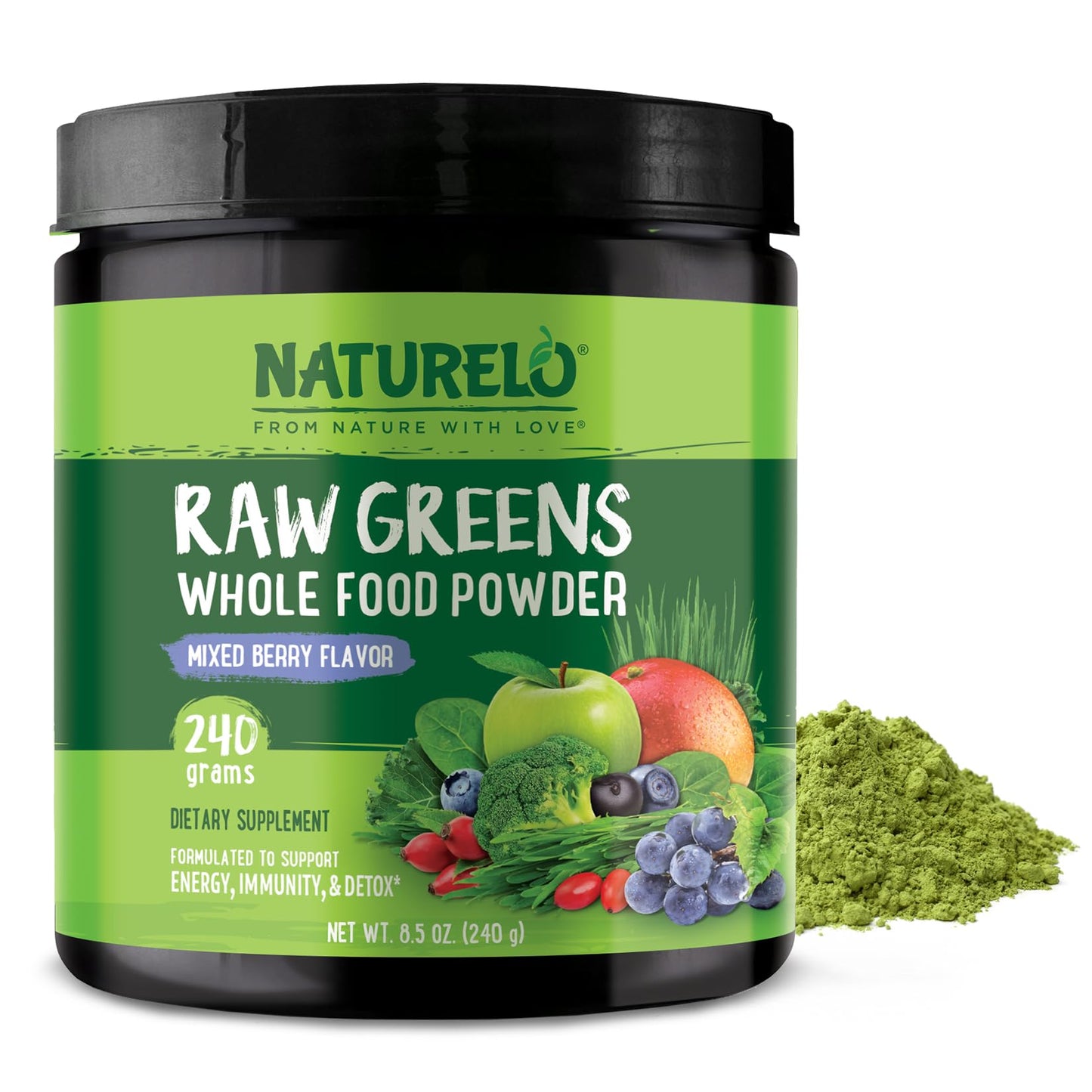 NATURELO Raw Greens Superfood Powder - Mixed Berry - Boost Energy, Detox, Enhance Health - Organic Spirulina - Wheat Grass - Whole Food Nutrition from Fruits & Vegetables - 480 Grams