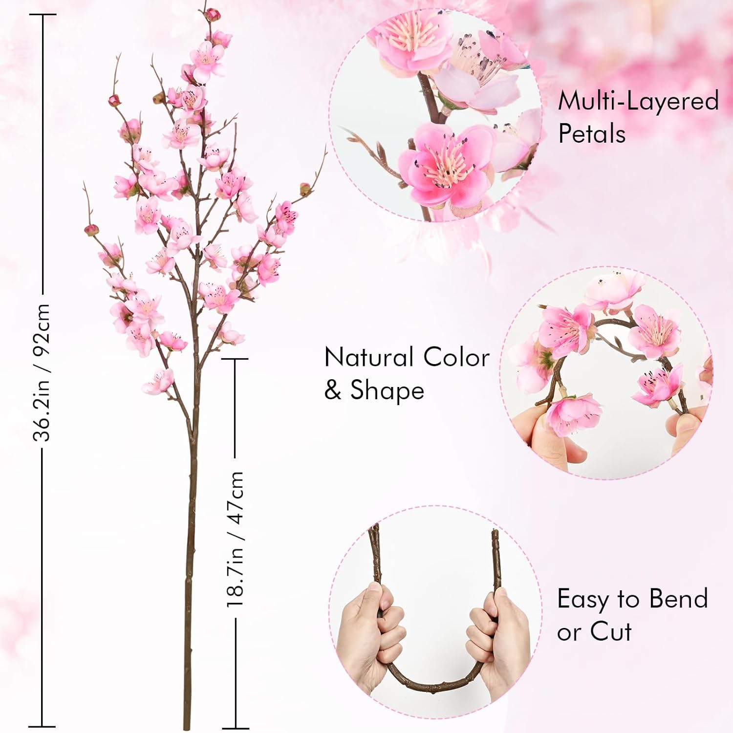 Waipfaru 4 Pcs Faux Cherry Blossom Decor, 36'' Long Stem Artificial Flowers for Tall Vase, Cherry Blossom Tree Branches for Floral Arrangements Wedding Spring Decorations (Pink)