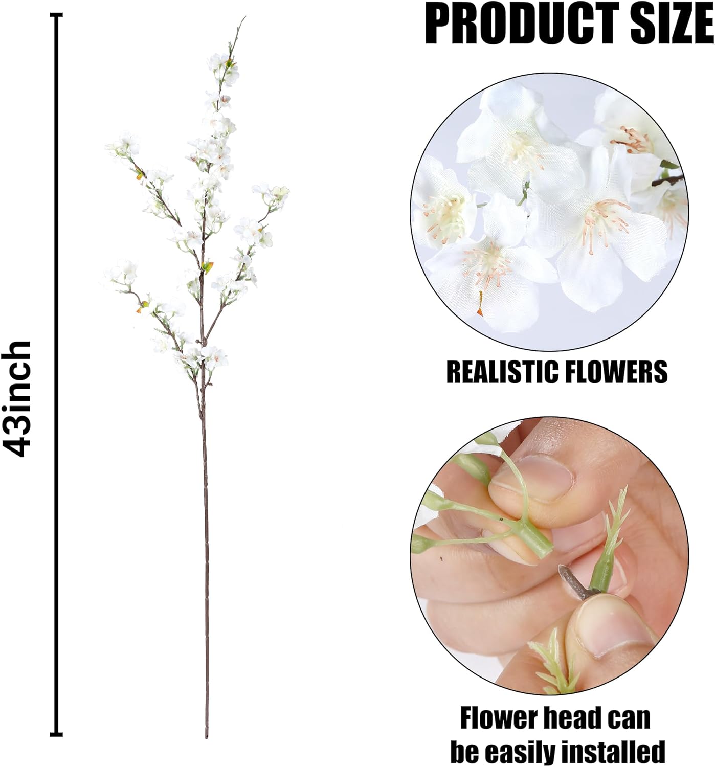 Sggvecsy Artificial Cherry Blossom Flowers 4 Pcs Faux Cherry Blossom Stems Faux Silk Cherry Blossom Branches 43’’ Fake Flowers Long Stems for Vase Arrangements Home Wedding Table Decor (White)