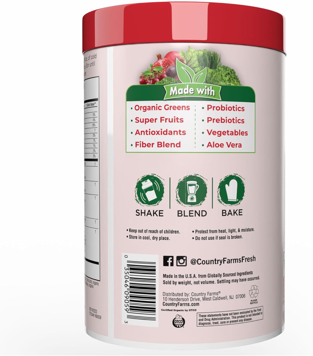 Country Farms Organic Super Greens Berry Flavor, 50 Organic Super Foods, Packed with Fiber, USDA Organic Drink Mix, Fruits, Vegetables, Mushrooms & Probiotics, Supports Energy, 5g Fiber