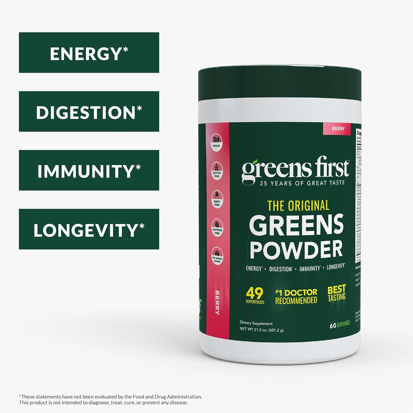 Greens First Original Greens Powder - 49 Superfoods - Organic Fruits & Veggies - Prebiotics, Probiotics & Digestive Enzymes - Antioxidant Smoothie - Dairy Free, Vegan & Non-GMO (Berry, 60 Servings)