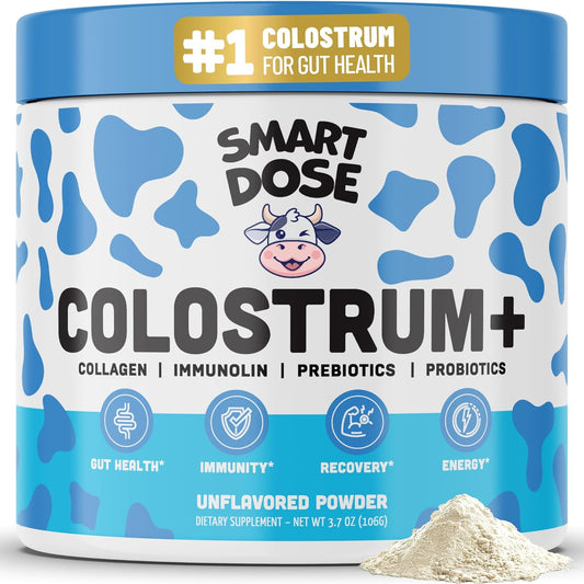Bovine Colostrum+ Powder for Gut Health & Digestion - 12-in-1 Formula for Bloating, Immune Support & Energy - with 45% IgG ImmunoLin, Probiotics, Prebiotics, Collagen & L-Glutamine