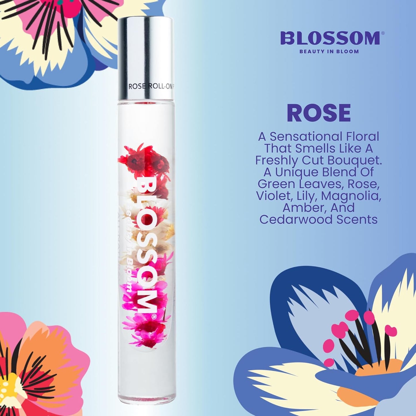 Blossom Roll on Perfume for Women Alcohol Free Rollerball Perfume Oil with Essential Oils, Infused with Real Flowers, Made in USA, 0.20oz (Rose, Violet, Lily, Magnolia, Amber, Cedarwood), Rose