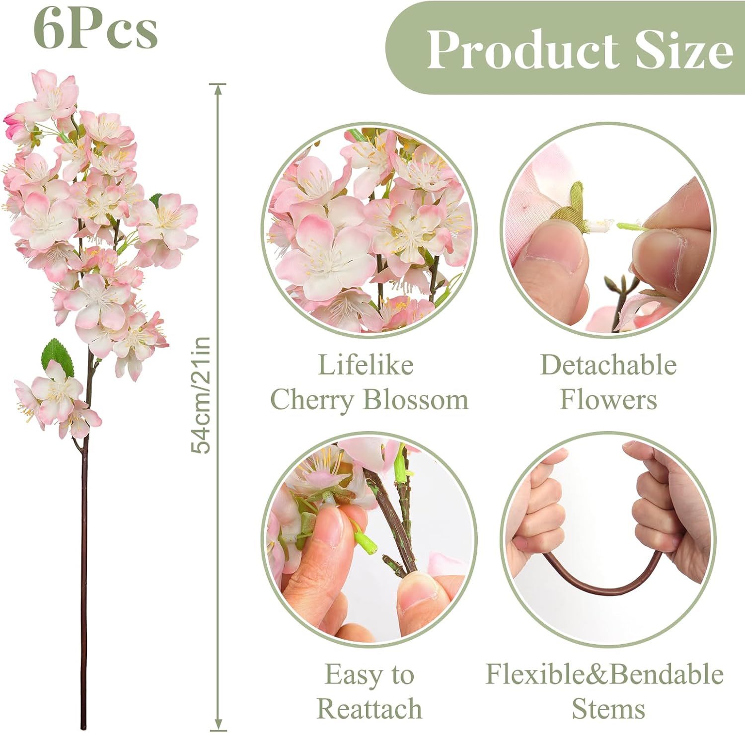 TOCHGREEN Artificial Cherry Blossom Branches 6PCS Fake Flowers Artificial Faux Silk Flowers Plum Tree Blossom Fake Plants Arrangement for Spring DIY Home Wedding Table Office Vase Decor (Pink)