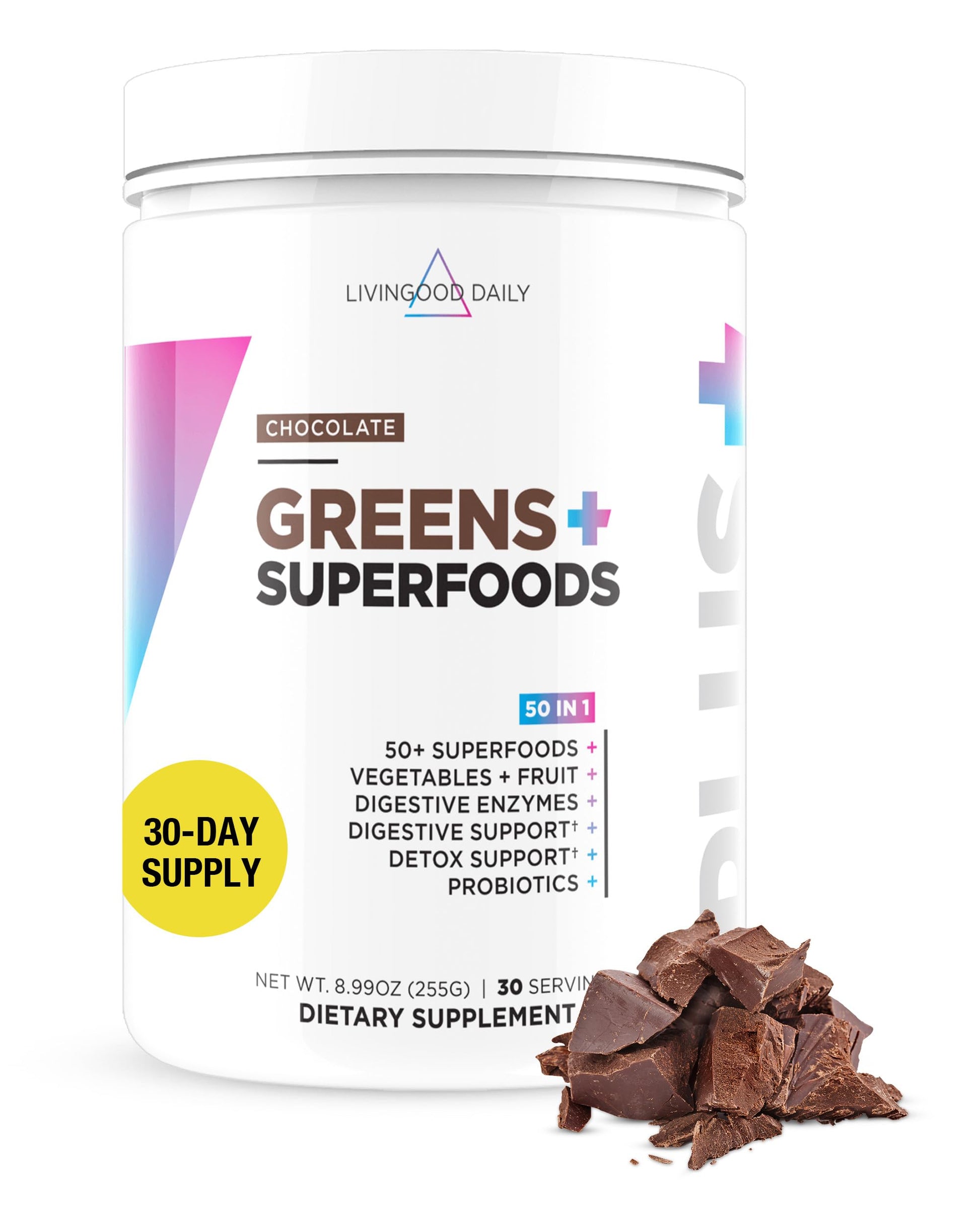 Livingood Daily Greens & Superfood Powder, Super Greens for Gut Health, Green Juice Powder with Spirulina, Chlorella, and Digestive Enzymes, Probiotics for Digestive Support, Berry, 30 Servings