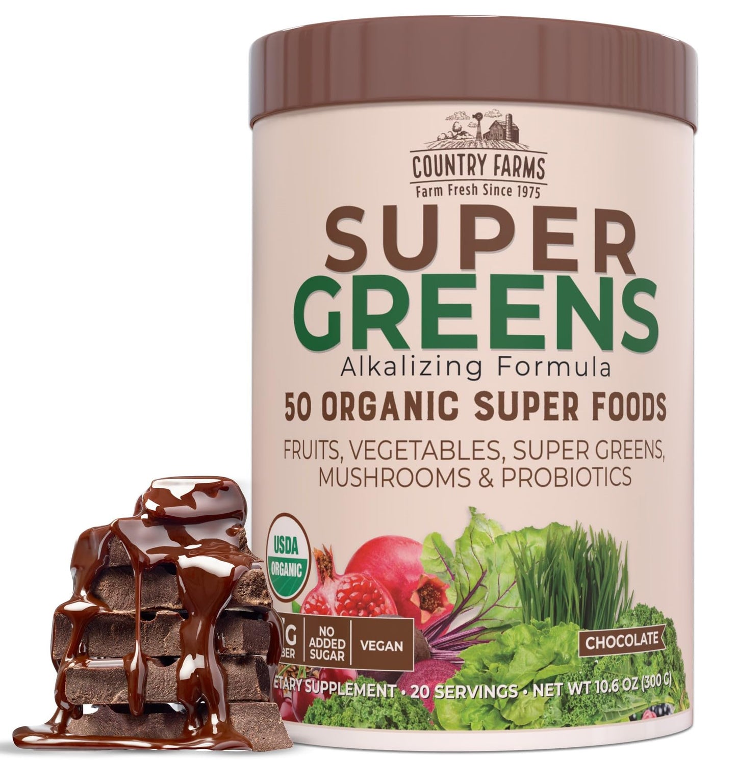 Country Farms Organic Super Greens Berry Flavor, 50 Organic Super Foods, Packed with Fiber, USDA Organic Drink Mix, Fruits, Vegetables, Mushrooms & Probiotics, Supports Energy, 5g Fiber