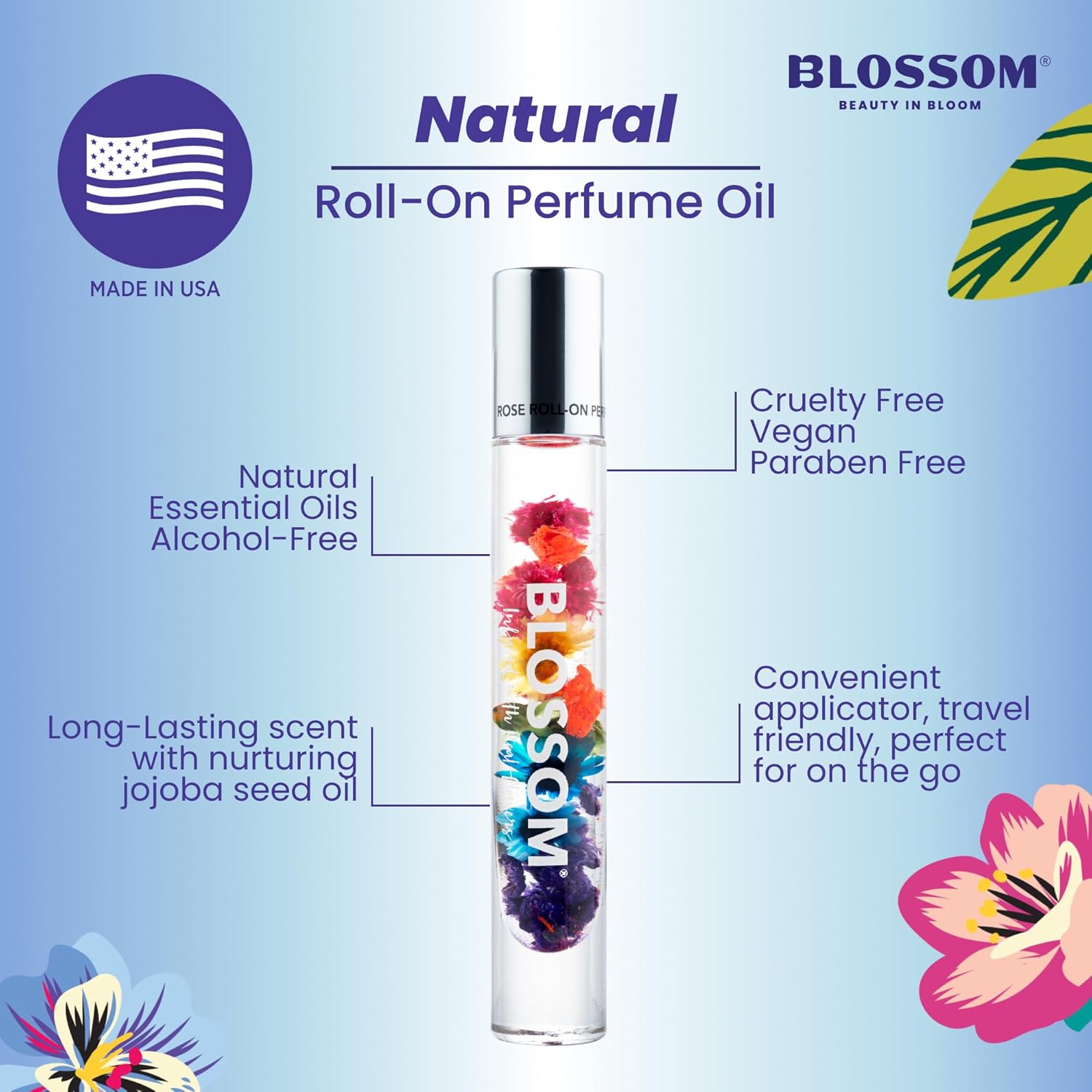 Blossom Roll on Perfume for Women Alcohol Free Rollerball Perfume Oil with Essential Oils, Infused with Real Flowers, Made in USA, 0.20oz (Rose, Violet, Lily, Magnolia, Amber, Cedarwood), Rose
