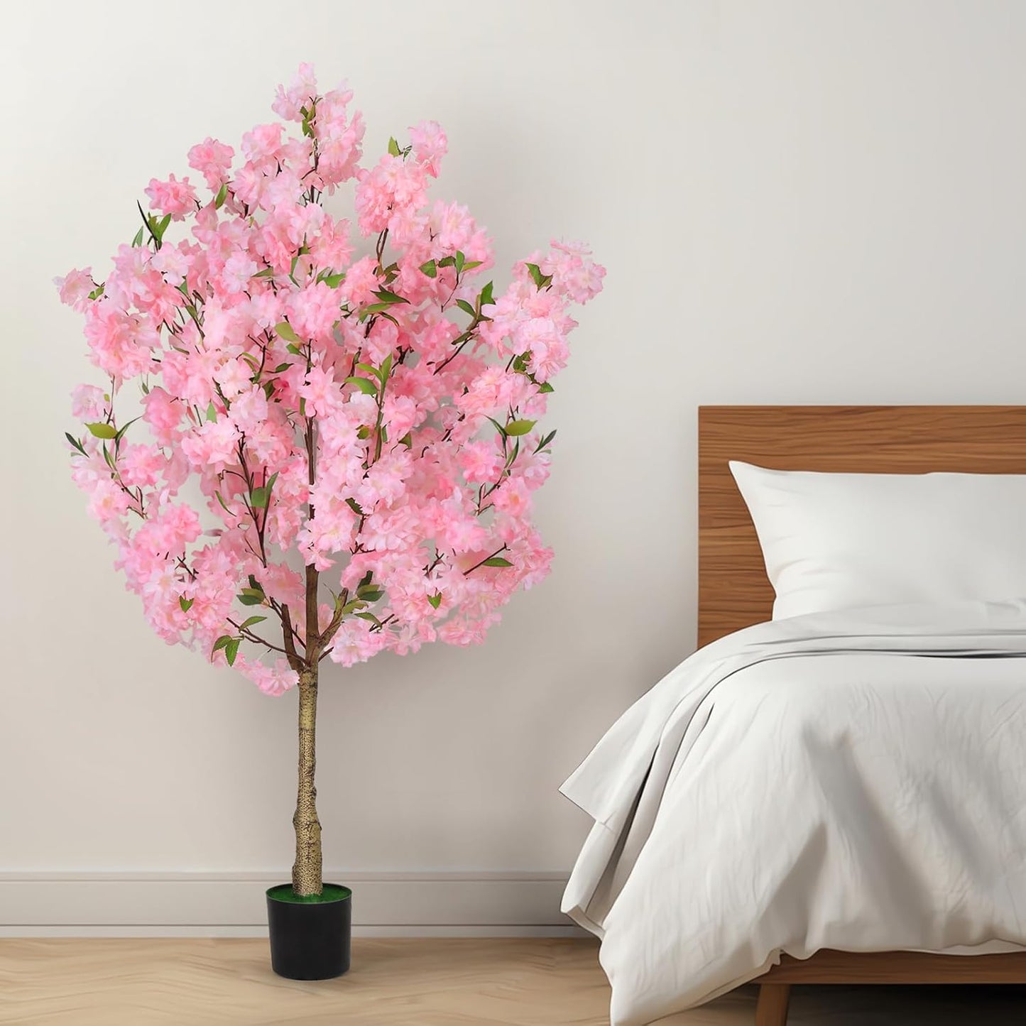 OUSHENG Artificial Cherry Blossom Tree, Fake Plants Indoor Decor, Faux Pink Sakura Flowers for Living Room Home House Entryway Bedroom Office Inside Decorations, 4FT