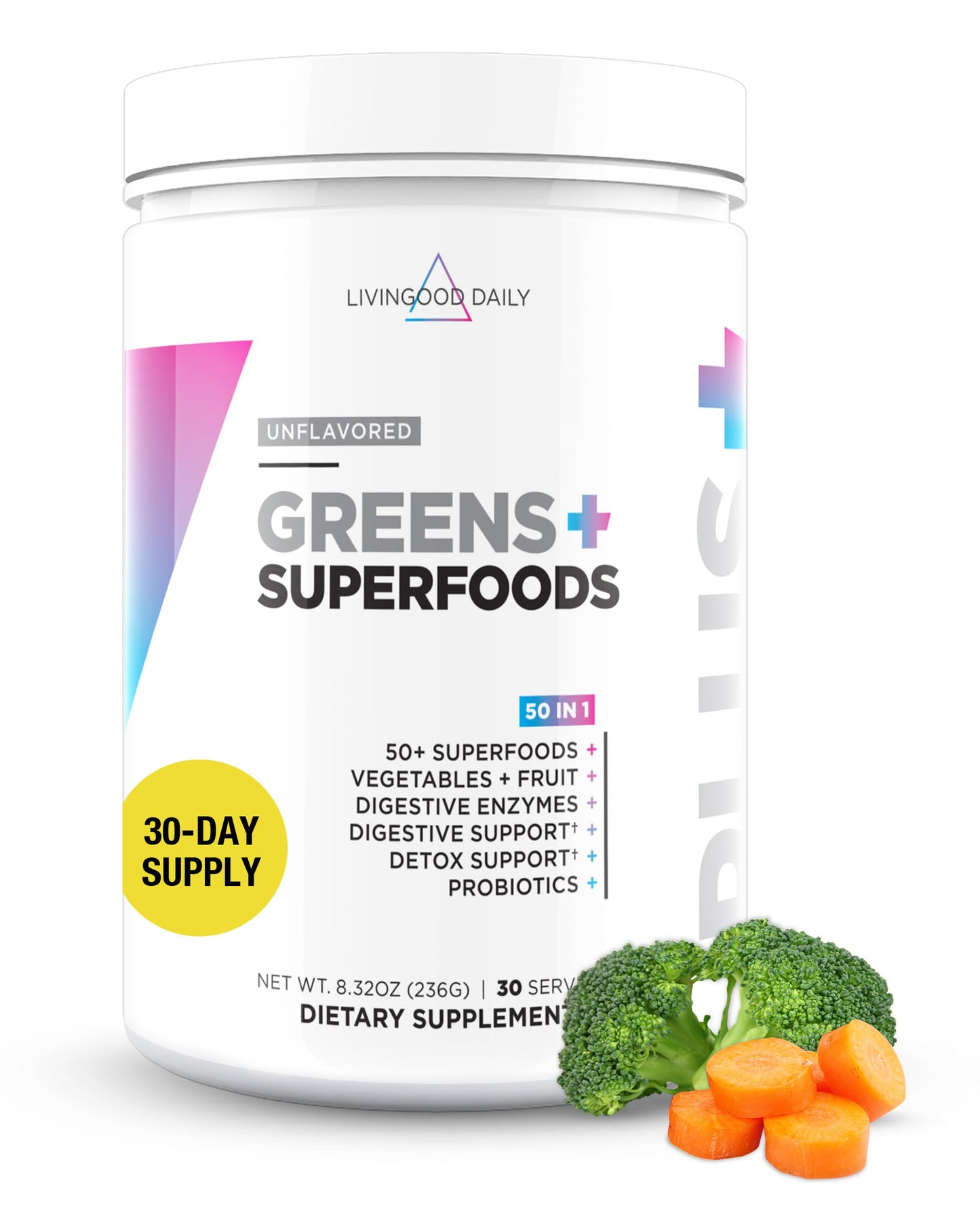 Livingood Daily Greens & Superfood Powder, Super Greens for Gut Health, Green Juice Powder with Spirulina, Chlorella, and Digestive Enzymes, Probiotics for Digestive Support, Berry, 30 Servings