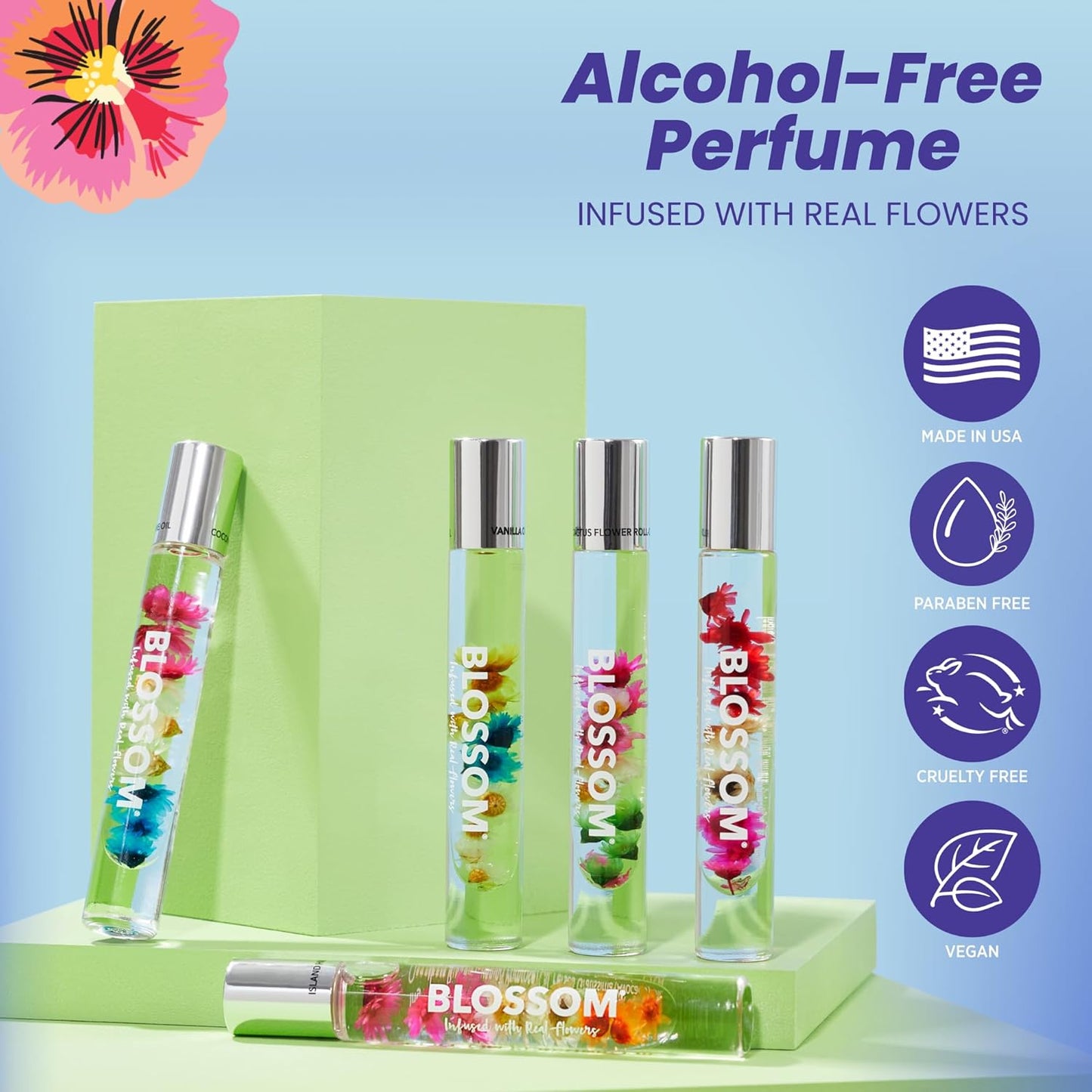 Blossom Roll on Perfume for Women Alcohol Free Rollerball Perfume Oil with Essential Oils, Infused with Real Flowers, Made in USA, 0.20oz (Rose, Violet, Lily, Magnolia, Amber, Cedarwood), Rose