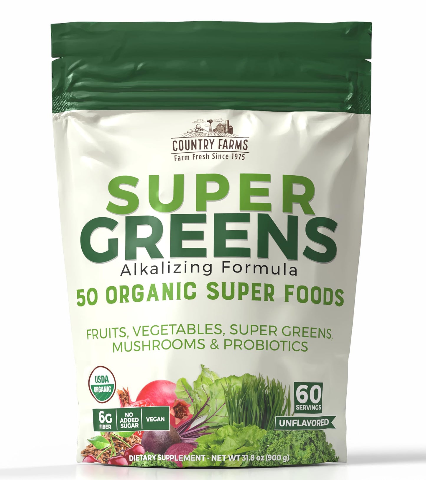 Country Farms Organic Super Greens Berry Flavor, 50 Organic Super Foods, Packed with Fiber, USDA Organic Drink Mix, Fruits, Vegetables, Mushrooms & Probiotics, Supports Energy, 5g Fiber