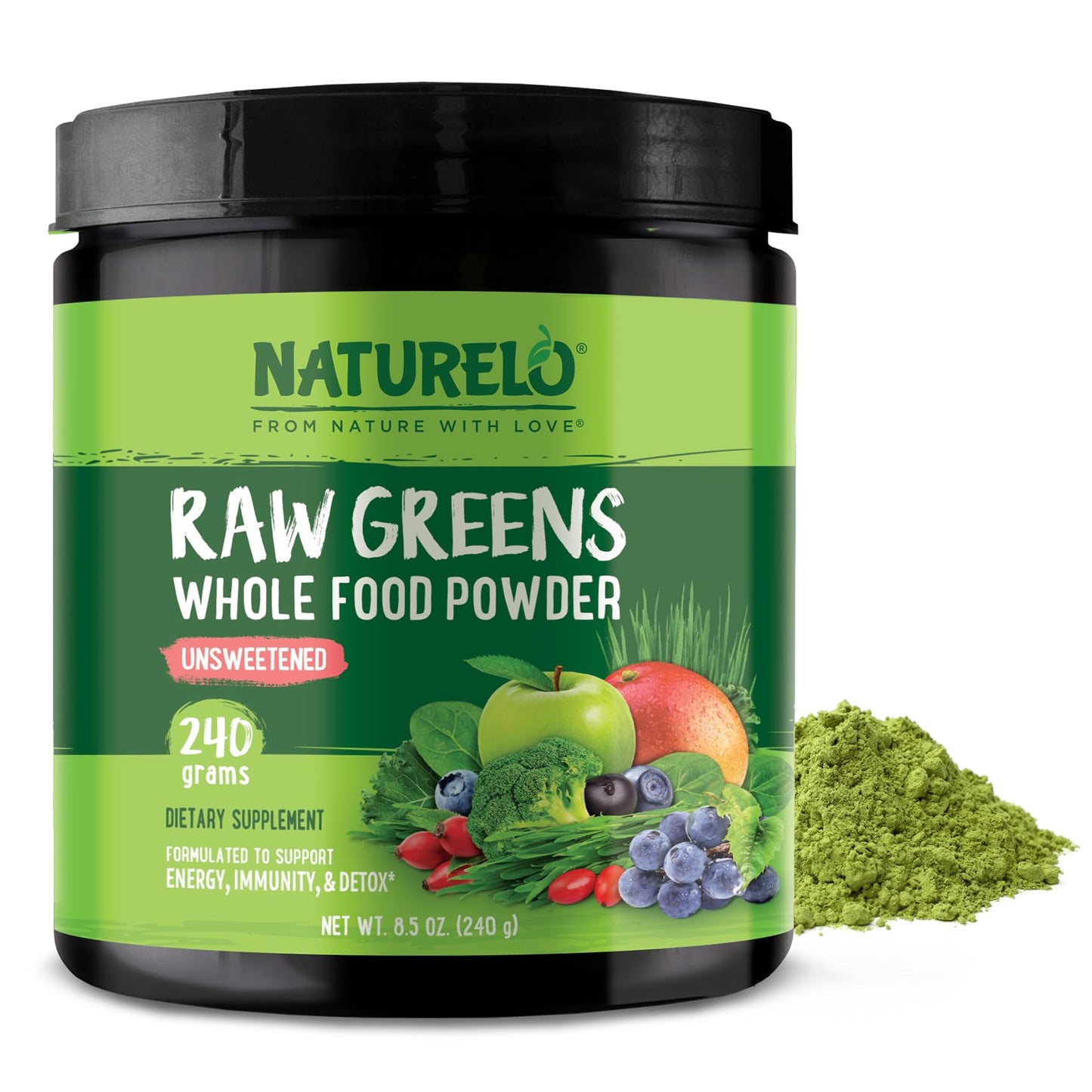 NATURELO Raw Greens Superfood Powder - Mixed Berry - Boost Energy, Detox, Enhance Health - Organic Spirulina - Wheat Grass - Whole Food Nutrition from Fruits & Vegetables - 480 Grams