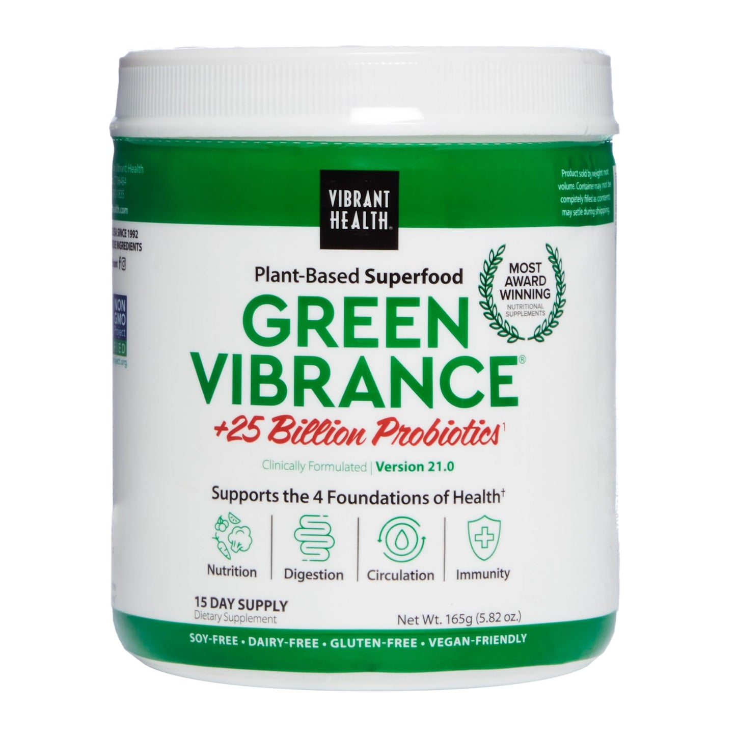 Vibrant Health, Green Vibrance, Includes 65 Plant-Based Superfoods, 25 Billion Probiotics, Fiber, Adaptogens & Enzymes, 83 Servings