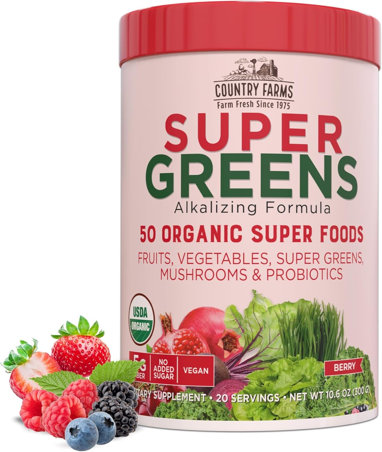 Country Farms Organic Super Greens Berry Flavor, 50 Organic Super Foods, Packed with Fiber, USDA Organic Drink Mix, Fruits, Vegetables, Mushrooms & Probiotics, Supports Energy, 5g Fiber