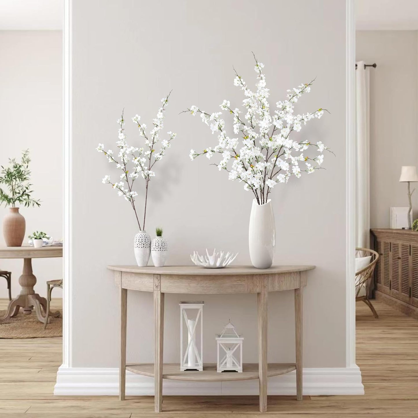 Sggvecsy Artificial Cherry Blossom Flowers 4 Pcs Faux Cherry Blossom Stems Faux Silk Cherry Blossom Branches 43’’ Fake Flowers Long Stems for Vase Arrangements Home Wedding Table Decor (White)