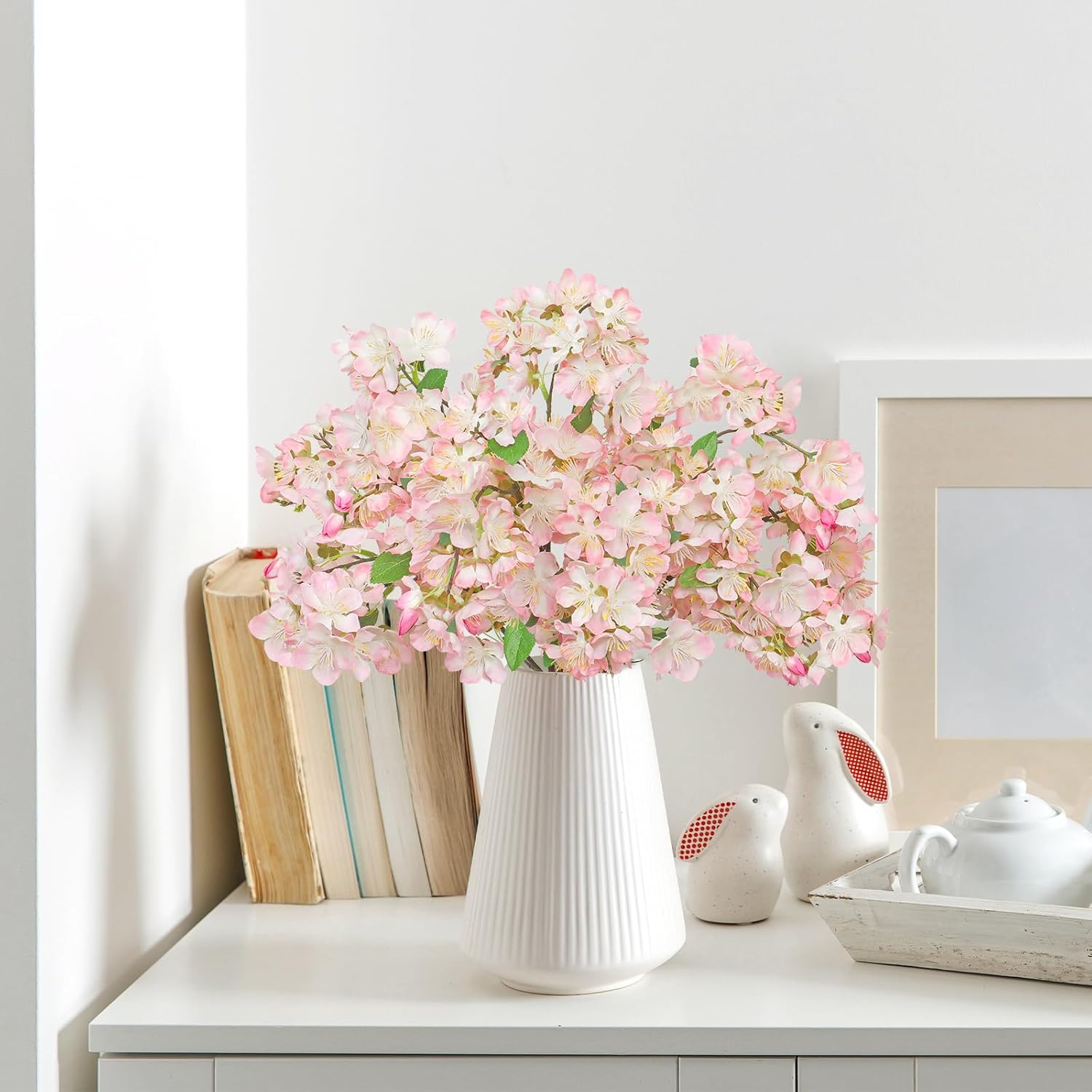 TOCHGREEN Artificial Cherry Blossom Branches 6PCS Fake Flowers Artificial Faux Silk Flowers Plum Tree Blossom Fake Plants Arrangement for Spring DIY Home Wedding Table Office Vase Decor (Pink)