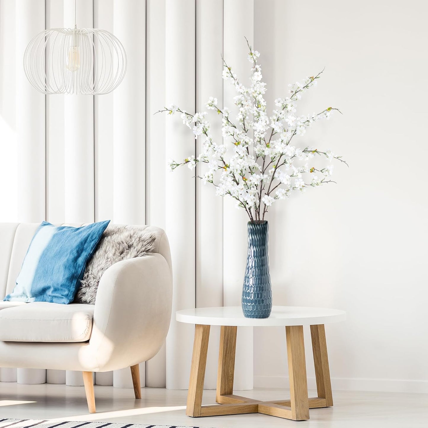 Sggvecsy Artificial Cherry Blossom Flowers 4 Pcs Faux Cherry Blossom Stems Faux Silk Cherry Blossom Branches 43’’ Fake Flowers Long Stems for Vase Arrangements Home Wedding Table Decor (White)