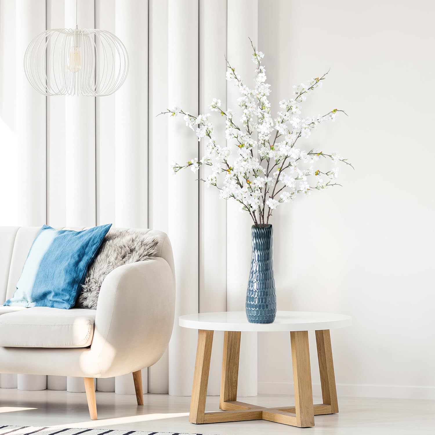 Sggvecsy Artificial Cherry Blossom Flowers 4 Pcs Faux Cherry Blossom Stems Faux Silk Cherry Blossom Branches 43’’ Fake Flowers Long Stems for Vase Arrangements Home Wedding Table Decor (White)