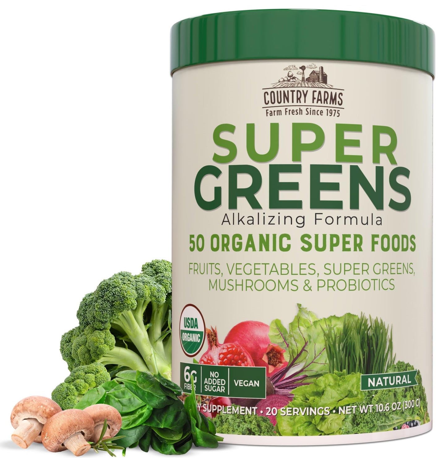 Country Farms Organic Super Greens Berry Flavor, 50 Organic Super Foods, Packed with Fiber, USDA Organic Drink Mix, Fruits, Vegetables, Mushrooms & Probiotics, Supports Energy, 5g Fiber