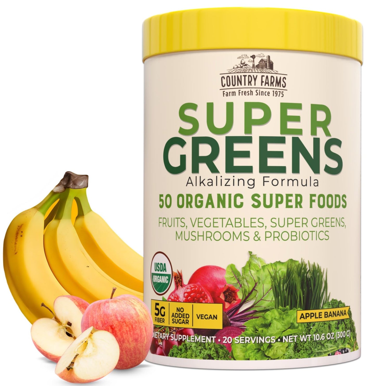 Country Farms Organic Super Greens Berry Flavor, 50 Organic Super Foods, Packed with Fiber, USDA Organic Drink Mix, Fruits, Vegetables, Mushrooms & Probiotics, Supports Energy, 5g Fiber