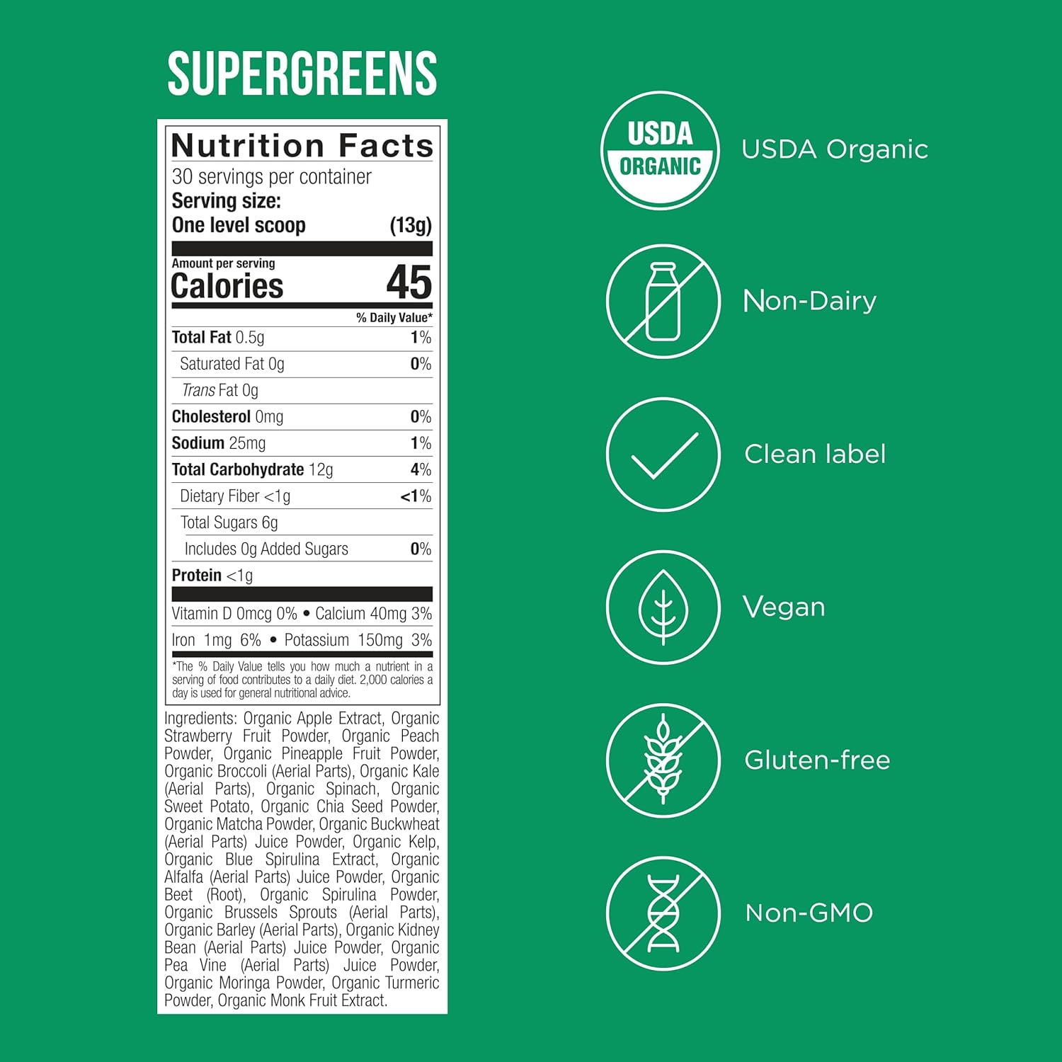 Possible SuperGreens - Superfoods Powder Mix with 23 Whole Food Ingredients - Vegan, Organic, Plant-Based Wellness - Gluten-Free, USDA Organic - Clean Label - 1 Bag, 30 Servings
