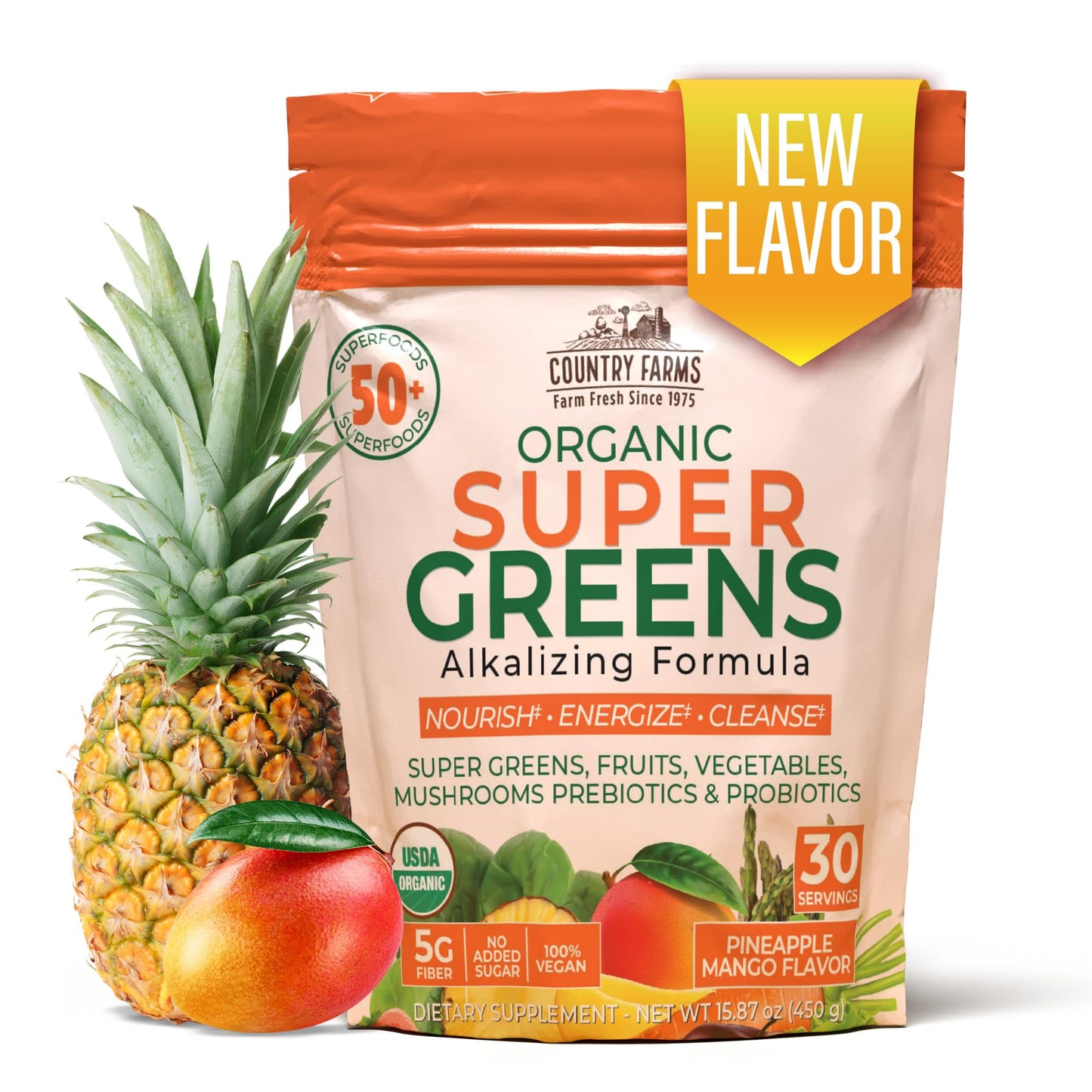 Country Farms Organic Super Greens Berry Flavor, 50 Organic Super Foods, Packed with Fiber, USDA Organic Drink Mix, Fruits, Vegetables, Mushrooms & Probiotics, Supports Energy, 5g Fiber