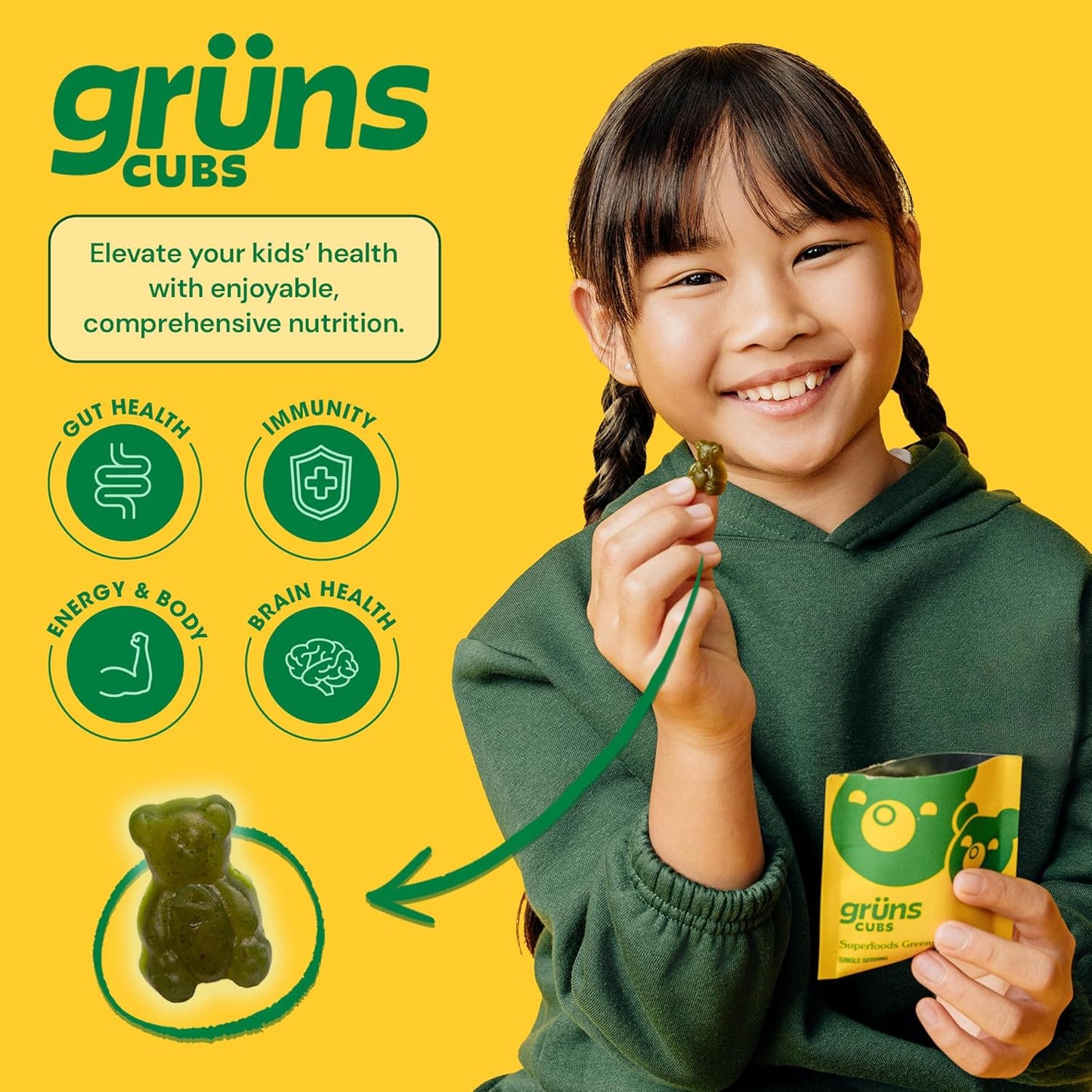 Gruns Kids Vitamins, Super Greens Gummies - Superfood Gummy Bears with Spirulina, Chlorella, 20+ Vitamins & Minerals, Prebiotics Fiber for Digestive Health, Adaptogens Supplement, 28 Day Supply